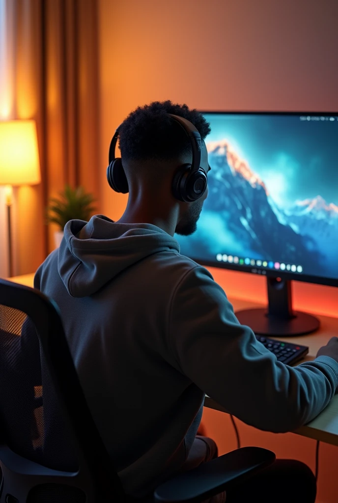 Créer une image de moi assis devant un jolie ordinateur bien équipé .je suis un jeune homme de 24 ans et noir alors utilisé mon image.Modifie l'image à ce que je sois de dos et je porte un casque et dans une chambre très beau