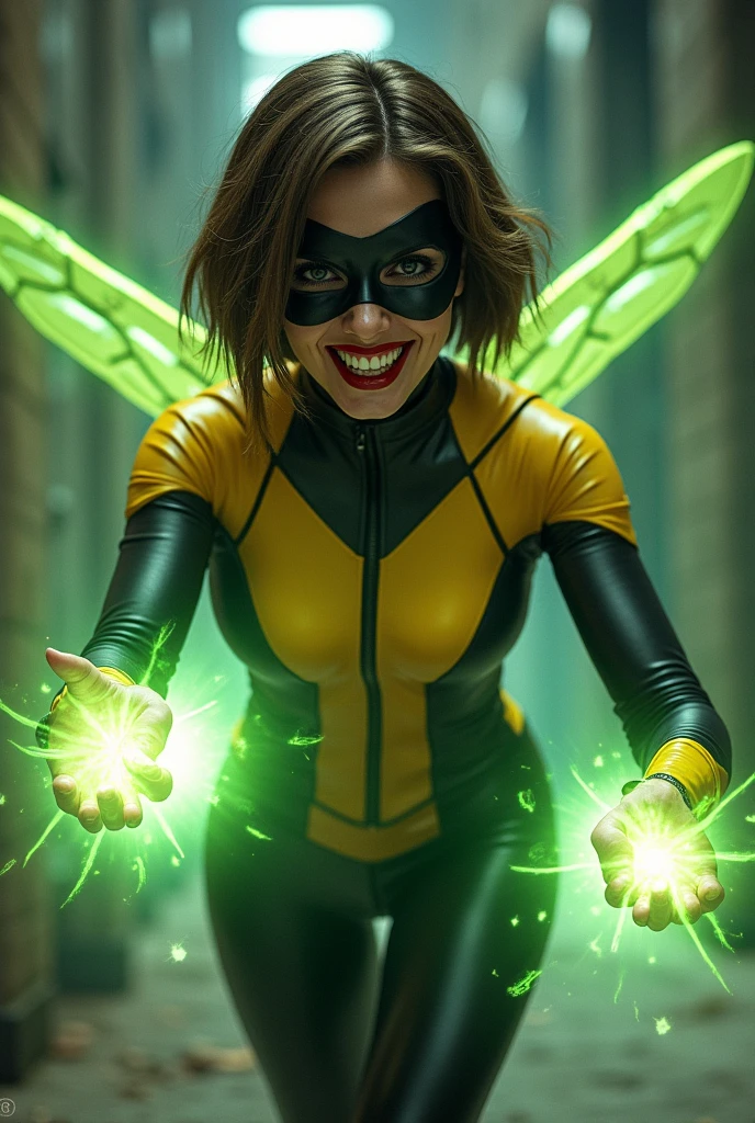 A gorgeous full body pose of a Beautiful evil supervillain woman with short brown hair in a layered bob, a black domino mask covering her eyes and black glossy lips, a sadistic grin across her face. She is wearing a sleek skintight ((yellow and black costume)) with wasp wings sprouting from her back. Shrunken to the size of a wasp she is attacking a man with green energy blasts from her hands.