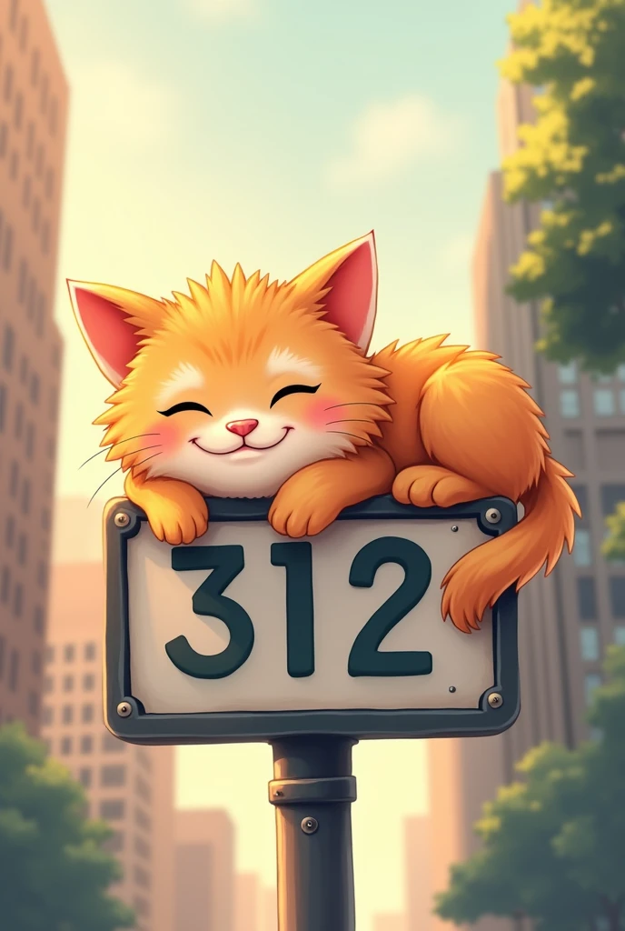 A super cute cat lying on a sign that says 312,Smiling mouth