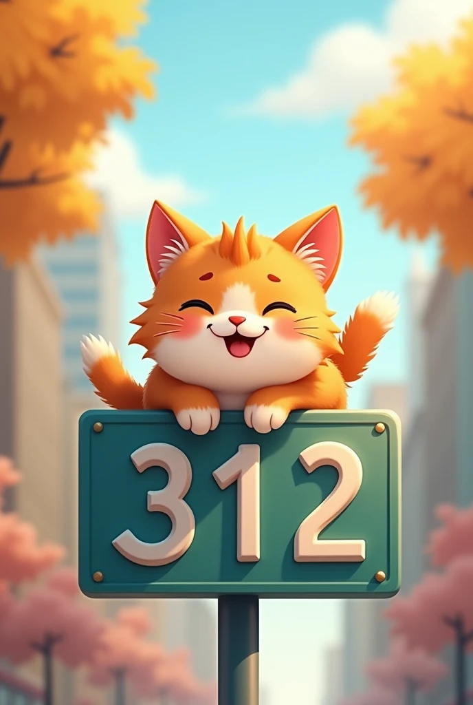 A super cute cat lying on a sign that says 312,Smiling mouth