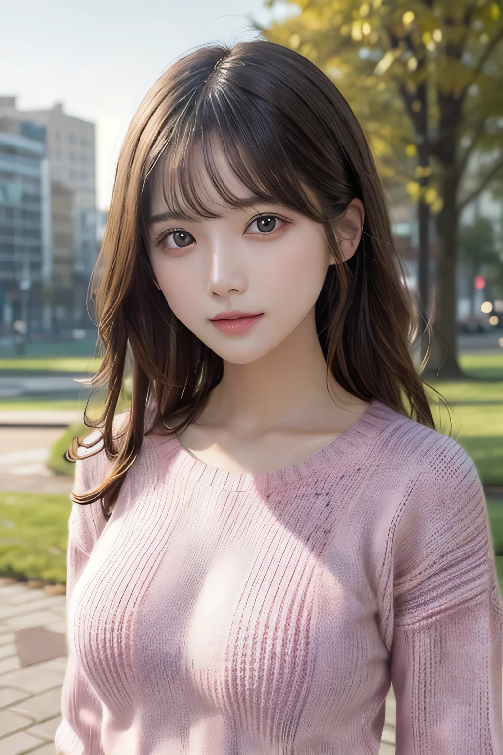 1girl, etv1,best quality,HDR,UHD,8K,realistic,upper body,facing_viewer,Middle Breasts, Slim Body,(pink knit sweater:1.2),park