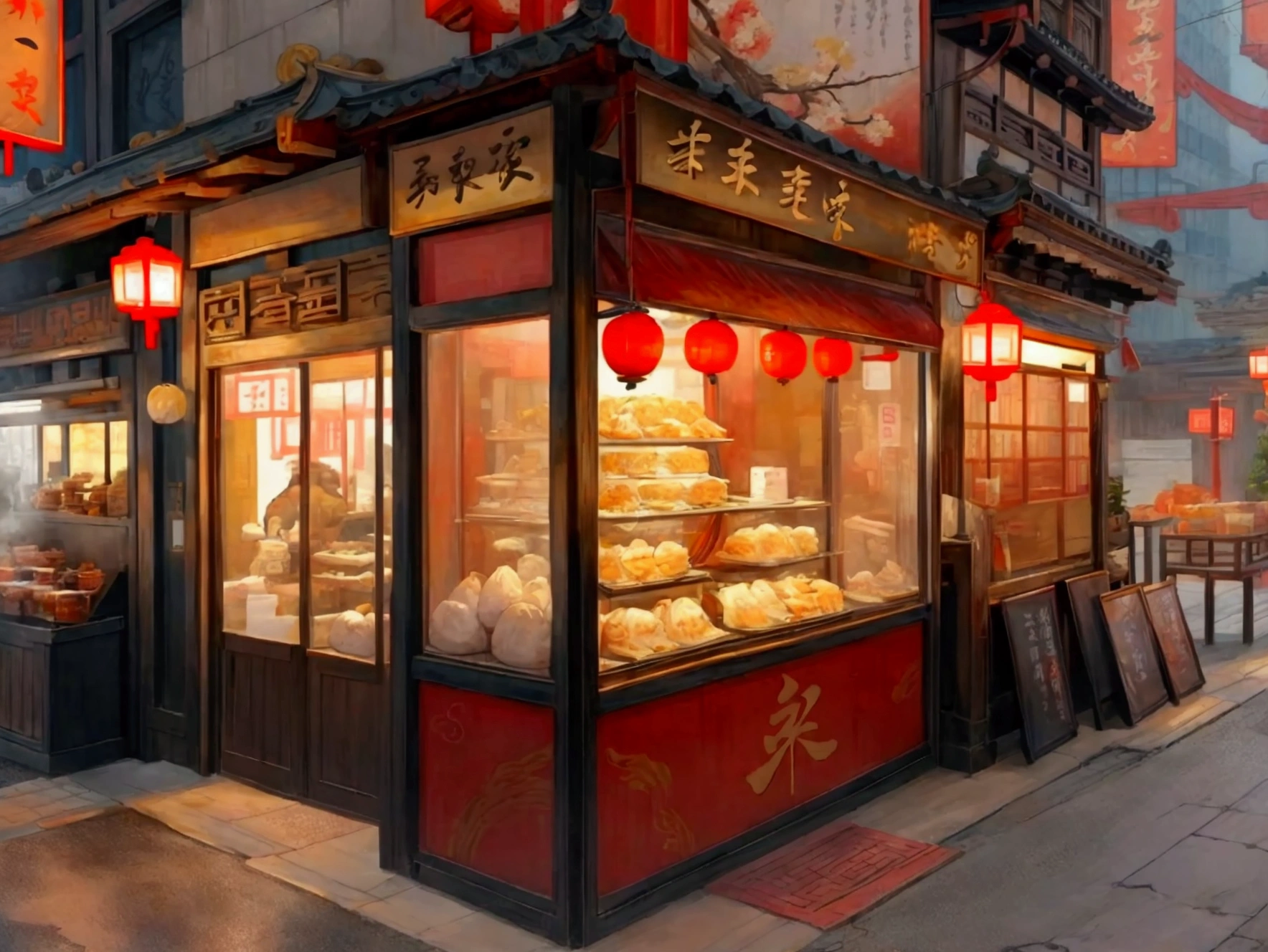 Ancient China，Bustling streets，There are steamed bun shops on both sides of the street，Restaurant，Inn