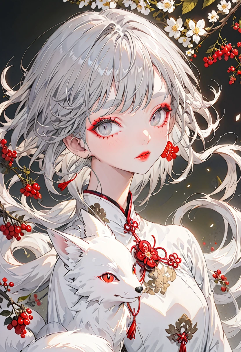 (Highest quality,Very detailed,High resolution:1.2),1 slim albino girl，Giant white fox，Gray-haired berry shorthair,gray bangs，very_Long eyelashes, Detailed lips, Cool look, Soft Skin, Shiny Hair,Exquisite makeup,Face up