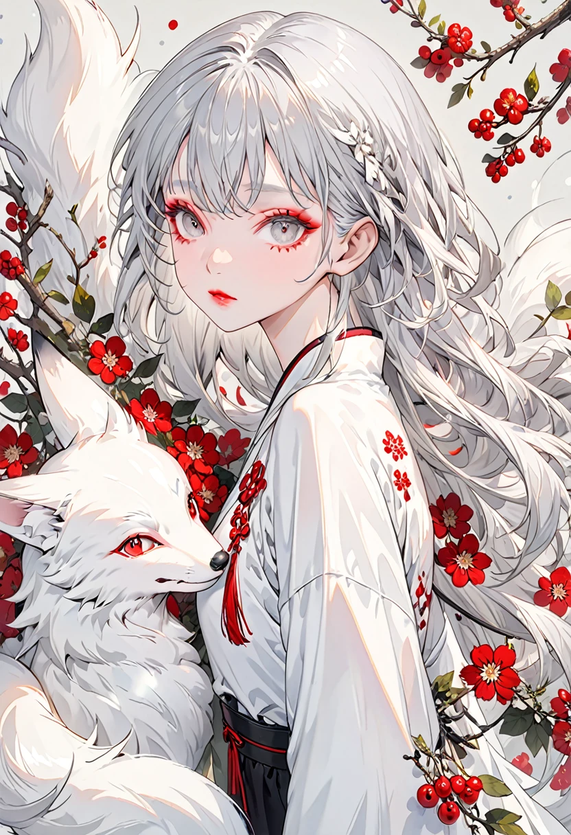 (Highest quality,Very detailed,High resolution:1.2),1 slim albino girl,Giant white fox,Gray-haired berry shorthair,gray bangs,very_Long eyelashes, Detailed lips, Cool look, Soft Skin, Shiny Hair,Exquisite makeup,Face up