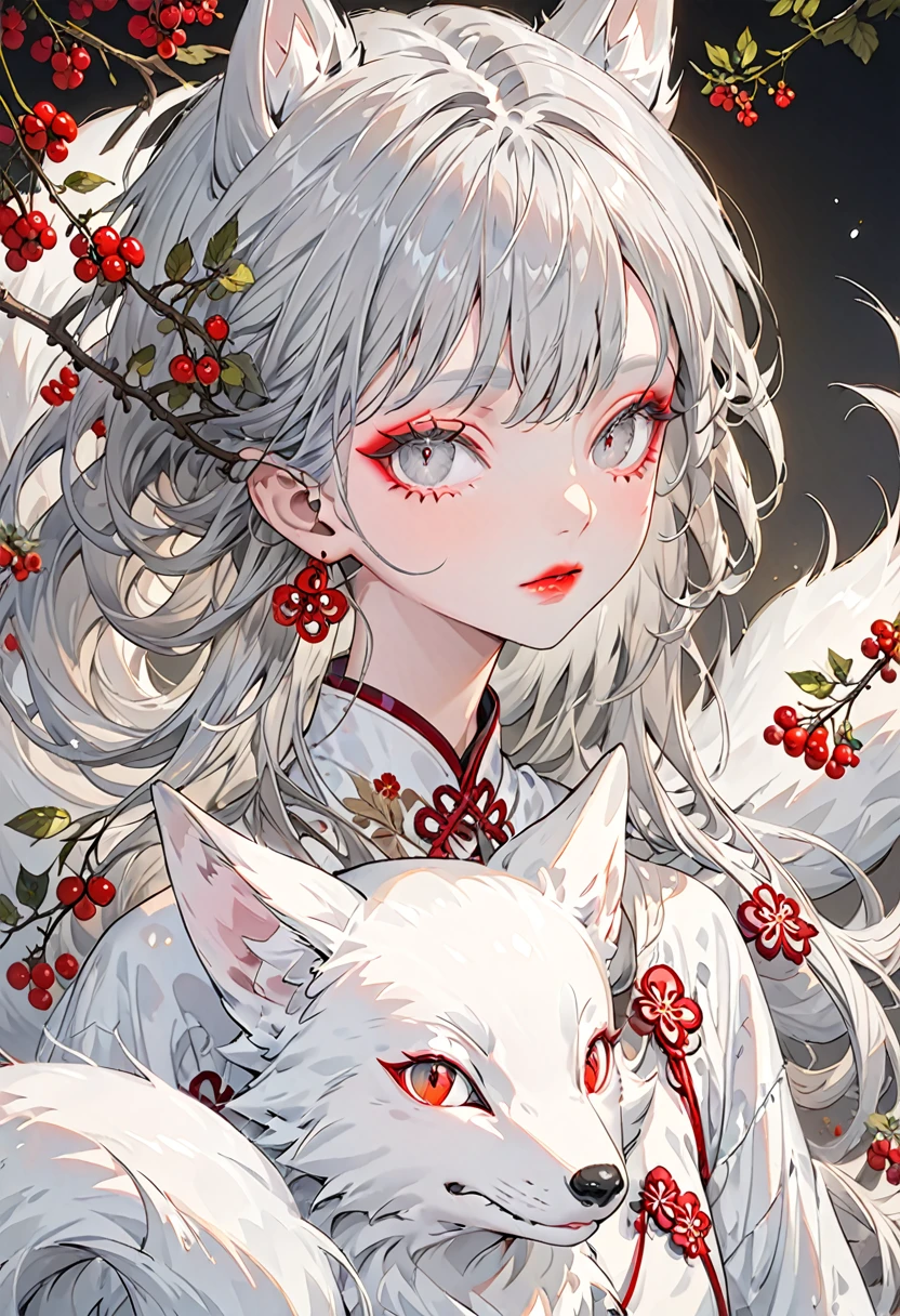 (Highest quality,Very detailed,High resolution:1.2),1 slim albino girl，Giant white fox，Gray-haired berry shorthair,gray bangs，very_Long eyelashes, Detailed lips, Cool look, Soft Skin, Shiny Hair,Exquisite makeup,Face up