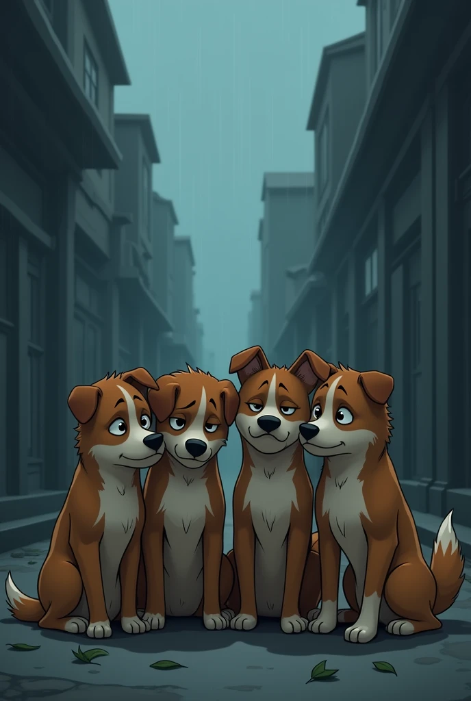 four sad dogs in animated