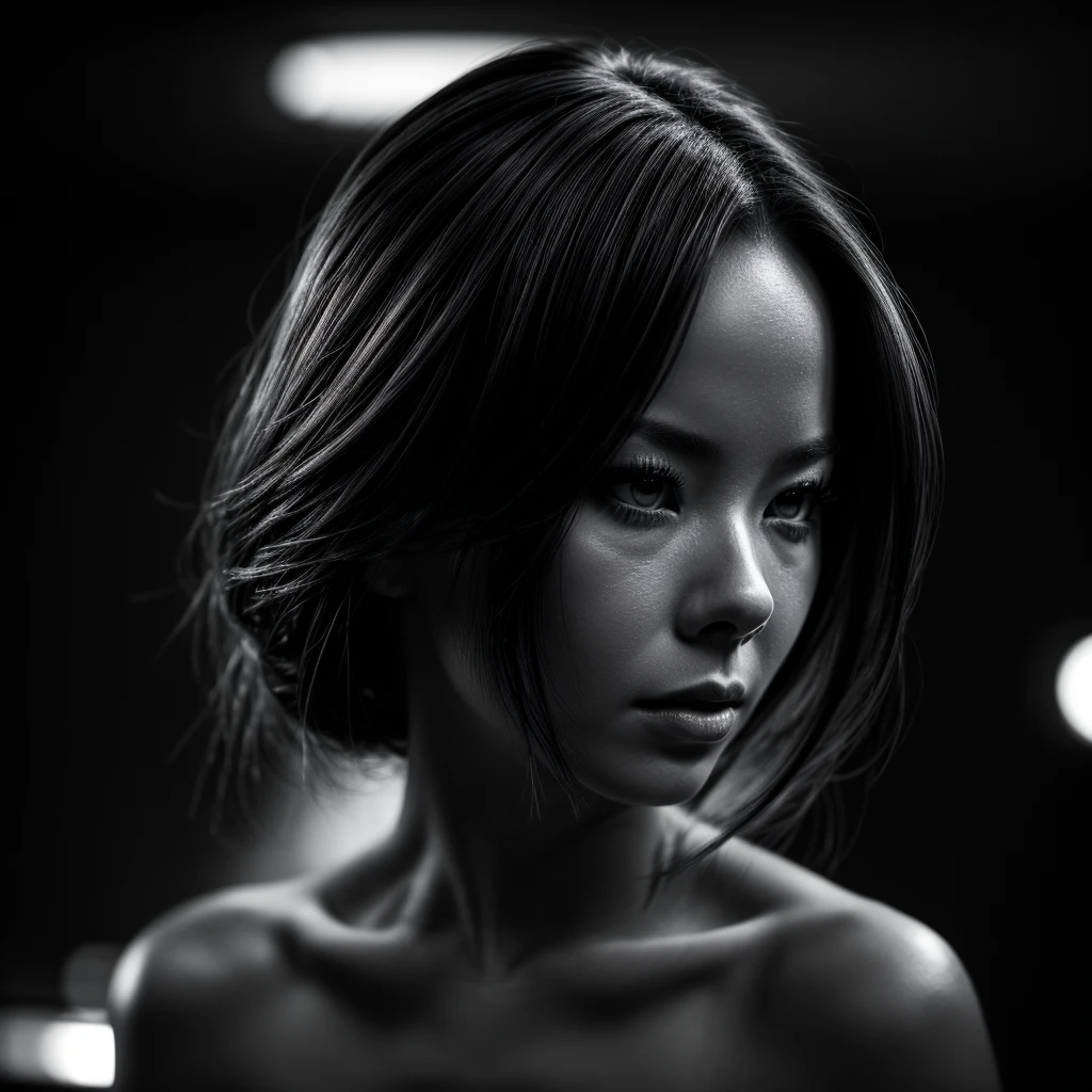 malese jow, black and white portrait, detailed beautiful face, stunning eyes, elegant expression, dramatic lighting, high contrast, cinematic mood, moody atmosphere, masterpiece, (best quality,8k,highres,ultra-detailed,realistic,photo-realistic:1.37),full lenght professional photography