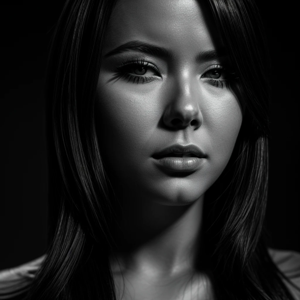 malese jow, black and white portrait, detailed beautiful face, stunning eyes, elegant expression, dramatic lighting, high contrast, cinematic mood, moody atmosphere, masterpiece, (best quality,8k,highres,ultra-detailed,realistic,photo-realistic:1.37),full lenght professional photography