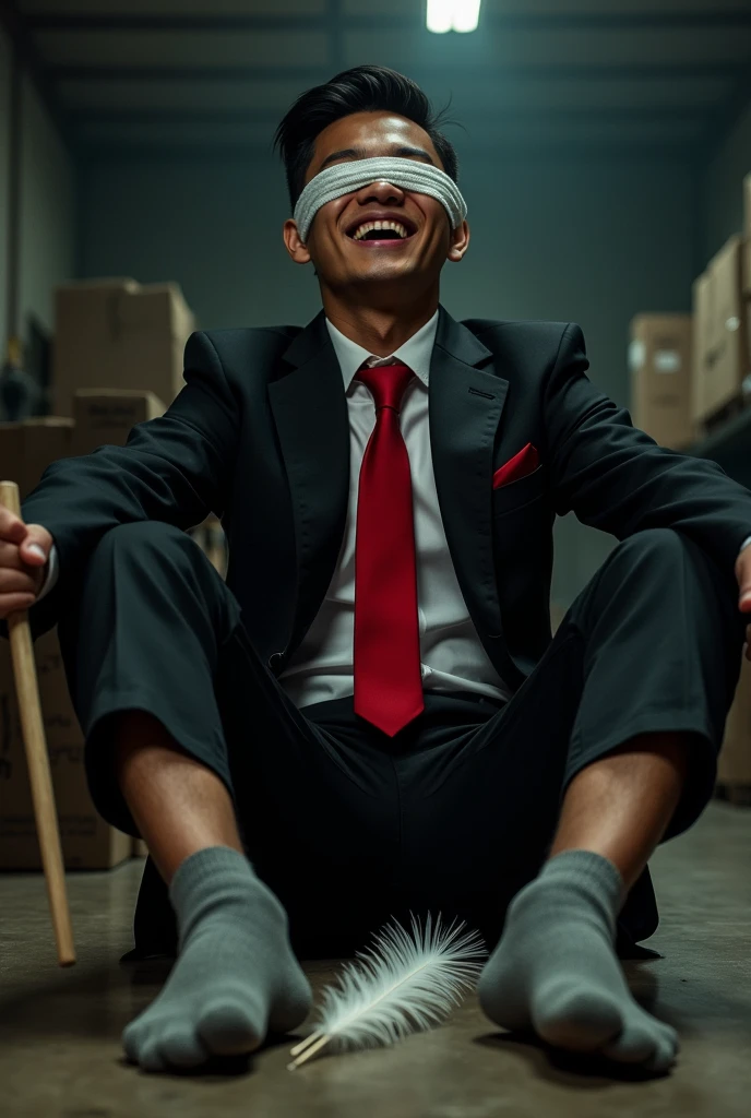 Malaysia malay handsome 21 years celebrity
His hand tied up in warehouse
Blindfolded
Black Suit and Red tie
feet on desk
feather
shoes on desk
5 toes each feet
Grey sock
Smock effect smelly sock
2 man holding feather duster at his feet
He laugh very hard
