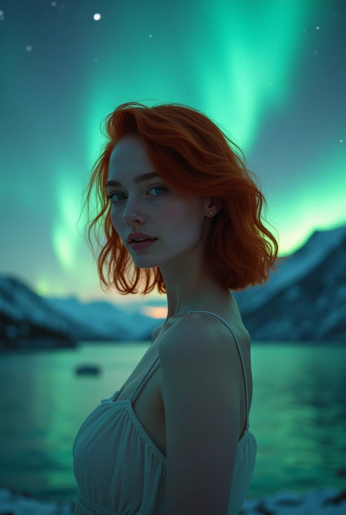 Masterpiece image of a beautiful girl with rounded shoulder-length hairstyle, wavy red hair, divine proportions, smile without shower, Northern Lights, Aurora scene, Glowing Whisper, Ethereal dance, Nocturnal Grace, Silent Luminescence, Midnight Flutter, Whispering Silent, Iridescent Encounter, Moonlit Ombre, by Skyrn99, full body, (((rule of thirds))), high quality, high details, high resolution, (bokeh:2), backlight, long exposure: 2