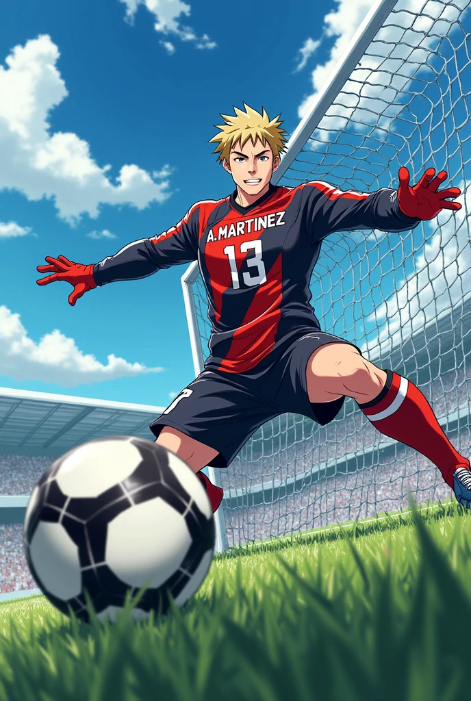 A soccer goalkeeper being the MVP with the number 13 on his back that says A. Martinez Very good, Now he is stopping a ball that is going towards the corner of the goal, being the same person with lighter hair and you can see that he is going towards the ball like in Super Champions. Stopping a shot from the Tiger in the Super Champions series, a little more Japanese., with the tiger shot of the super champions 