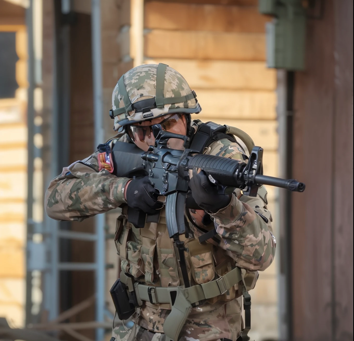 arafed soldier with a gun in his hand and a helmet on, a soldier aiming a gun, airsoft cqb, airsoft gun, shoulder mounted gun, man is carrying a rifle, wielding ault rifle, holding rifle, top shot, airsoft electric pistol, handling riffle on chest, military weaponry, battle action pose, holding a rifle, realistic soldiers, new york street backdrop