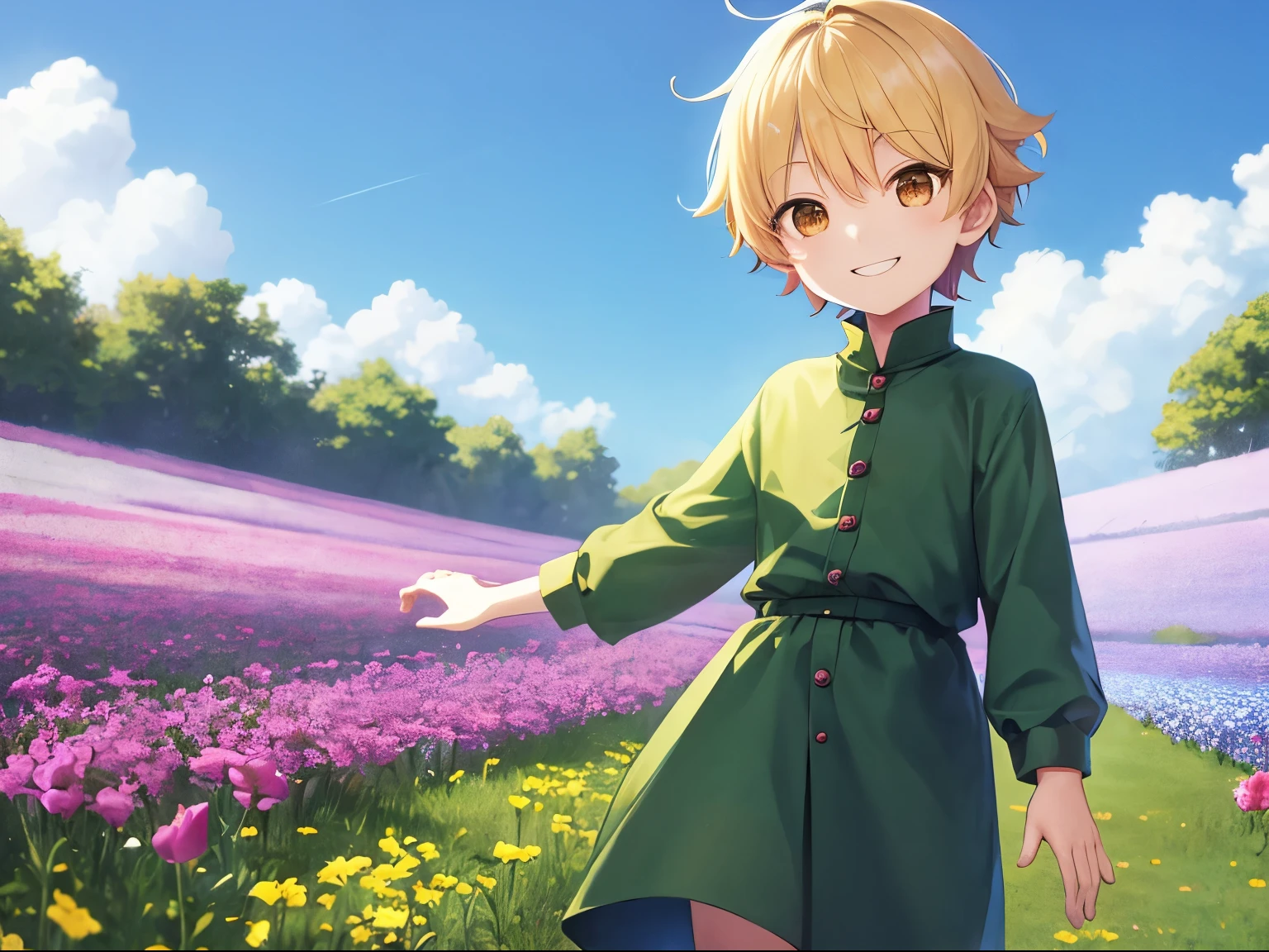 (Blonde hair, brown eyes, Shota, Prince, holding out left hand, green clothes), ((alone)), androgynous, short hair, smiling, kind, cute, blue sky, colorful flower field, high quality, precise hands, precise fingers