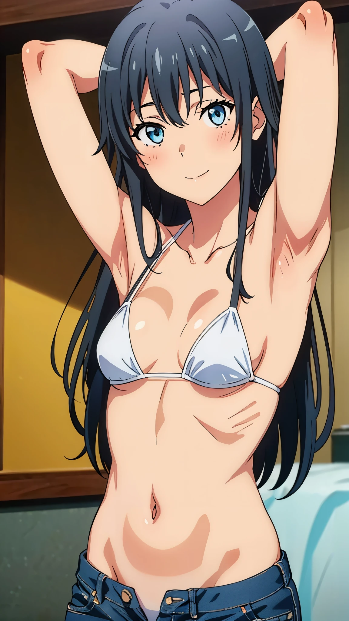 1girl, anime artstyle, masterpiece, highres, solo, 8k, detailed, perfect face, best quality, (ultra high quality), (looking at viewers), (armpit), collarbone, bare arms, bare shoulders, (small breasts), cleavage, black hair, long hair, blue eyes, belly, stomach, navel, abs, micro bikini, white bikini, mini short, denim short, slim body, slim waist, upper body, closed mouth, smile, blush, at forest
