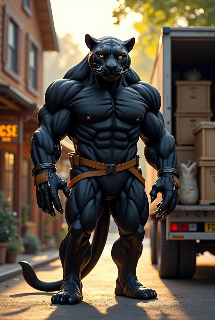 "A black panther with a muscular human-like body, standing upright and loading heavy items into a truck parked outside a shop. The panther's sleek black fur-covered muscular body shows signs of fatigue, with its shoulders slumped and sweat glistening on its fur. It has the head of a panther with bright yellow eyes that look weary but focused. The panther is wearing rugged work clothes and gloves, with its sharp claws slightly visible. The truck is partially loaded with boxes, crates, and bags of various sizes. The shop in the background has a wooden sign and an open door, revealing a glimpse of the cozy interior. The setting sun casts long shadows, adding a sense of exhaustion and hard work to the scene."