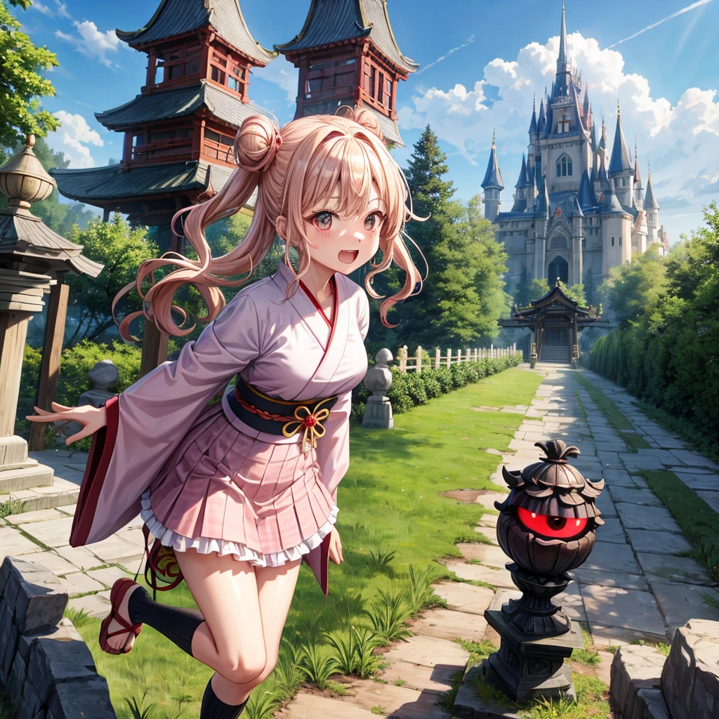 Pink Blonde、Red eyes、Wavy Hair、Hair tied up、Two cute、Checked mini skirt、black t-shirts、kimono、Frills、Knee-high socks、Teeth are visible、Monster Castle、Tilting face、grass、Stones are growing out of the ground.、In front of the city gates、Underground tunnels、Wooden bridge、The stone is cracked、Ashura Statue、Giant wood、Round