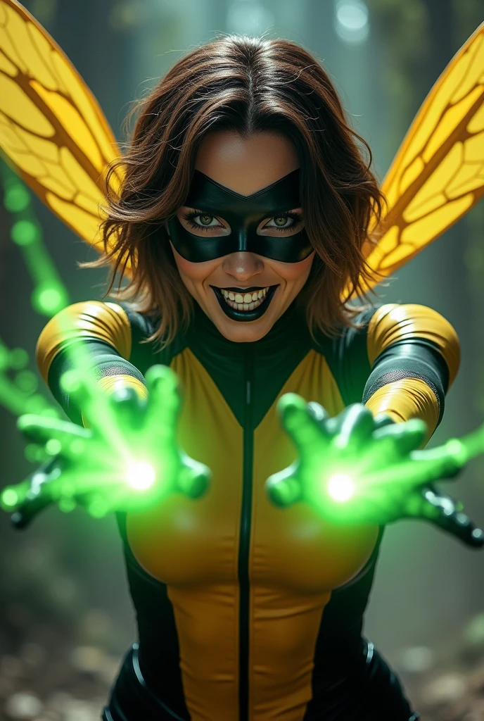 A gorgeous full body pose of a Beautiful evil supervillain woman with short brown hair in a layered bob, a black domino mask covering her eyes and black glossy lips, a sadistic grin across her face.  She is wearing a sleek skintight ((yellow and black costume)) with wasp wings sprouting from her back. Shrunken to the size of a wasp she is attacking a man with green energy blasts from her hands. 
