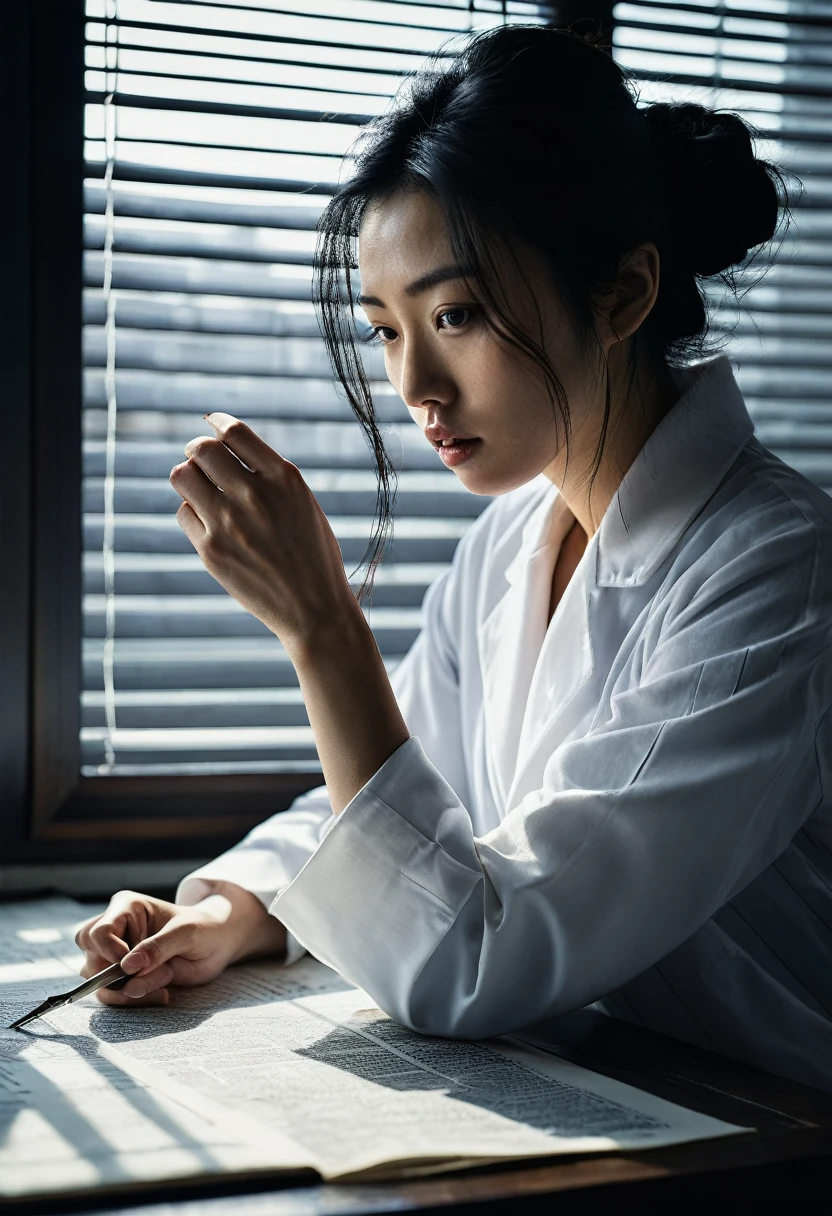 Beautiful botanical genius, Misaki Sato, 28, Japanese, long black hair in a messy bun, concentrated expression, Dimly lit, brand new, modern, clean lab, early morning sunlight streaming through venetian blinds, creating stark shadows, papers strewn across floor, empty clematis specimen case prominent on central table, drawers pulled out, computer screen, distraught genius Beautiful botanical Misaki in foreground, hand over mouth, wearing clean lab coat, clock on wall showing 7:15 AM, hyper-realistic, dramatic lighting, intricate detail, faded, highly detailed eye, 16k resolution, RAW, Nikon Z9, creative, masterpiece, fantasy, super detailed, high resolution, high quality, 8k, realistic, super detailed Dramatic Lighting, Soft Focus, Digital Illustration, Intricate Mechanics, Advanced Techniques, Dark Backgrounds, Cinematic, High Contrast, Moody, Atmospheric, (Top Quality, 4k, 8k, High Definition, Masterpiece: 1. 2), Ultra-Detailed, (Realistic, Graphic, Photorealistic: 1. 4) -- No glass --AR 16:9 --Stylize 1000