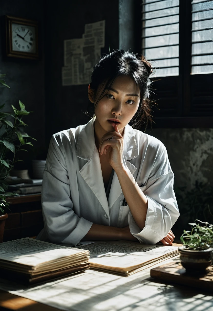 Beautiful botanical genius, Misaki Sato, 28, Japanese, long black hair in a messy bun, concentrated expression, Dimly lit, brand new, modern, clean lab, early morning sunlight streaming through venetian blinds, creating stark shadows, papers strewn across floor, empty clematis specimen case prominent on central table, drawers pulled out, computer screen, distraught genius Beautiful botanical Misaki in foreground, hand over mouth, wearing clean lab coat, clock on wall showing 7:15 AM, hyper-realistic, dramatic lighting, intricate detail, faded, highly detailed eye, 16k resolution, RAW, Nikon Z9, creative, masterpiece, fantasy, super detailed, high resolution, high quality, 8k, realistic, super detailed Dramatic Lighting, Soft Focus, Digital Illustration, Intricate Mechanics, Advanced Techniques, Dark Backgrounds, Cinematic, High Contrast, Moody, Atmospheric, (Top Quality, 4k, 8k, High Definition, Masterpiece: 1. 2), Ultra-Detailed, (Realistic, Graphic, Photorealistic: 1. 4) -- No glass --AR 16:9 --Stylize 1000