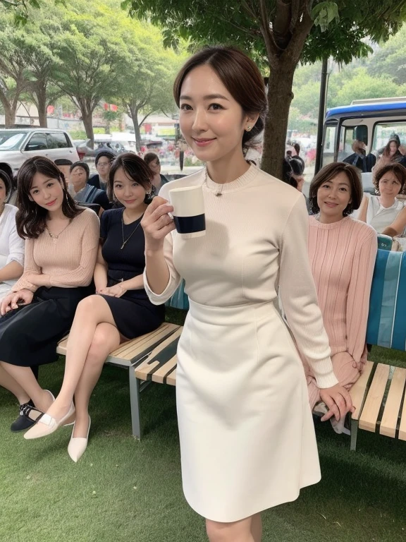 (Highest quality)、(High resolution)、(Ultra-detailed photos)、(Ultra-realistic texture)、(Illuminated subject)(8k images)(Clear Photography)(Real Photo) (Mature Japanese Woman)(Beautiful middle-aged mature woman with her hair tied in a caramel-colored chignon)(40-year-old beautiful middle-aged woman)(Elegant and well-proportioned face)(Long face)(Long and narrow face)(Thick lips)(Thin tree, small nose)(Long jaw) (Her outfit is a light-colored top and a neat, chic and elegant skirt.) (Look at everyone with a refreshing and loving smile) (Men are captivated by her charms) (She is outdoors)(She poses elegantly and cutely in various locations.)(Walking through the crowds of the city)(Drinking coffee at a cafe)(Shop)(Sit on the grass in the park)Playing on the swings at the show)(sit in a train seat)(Take a seat on the bus)