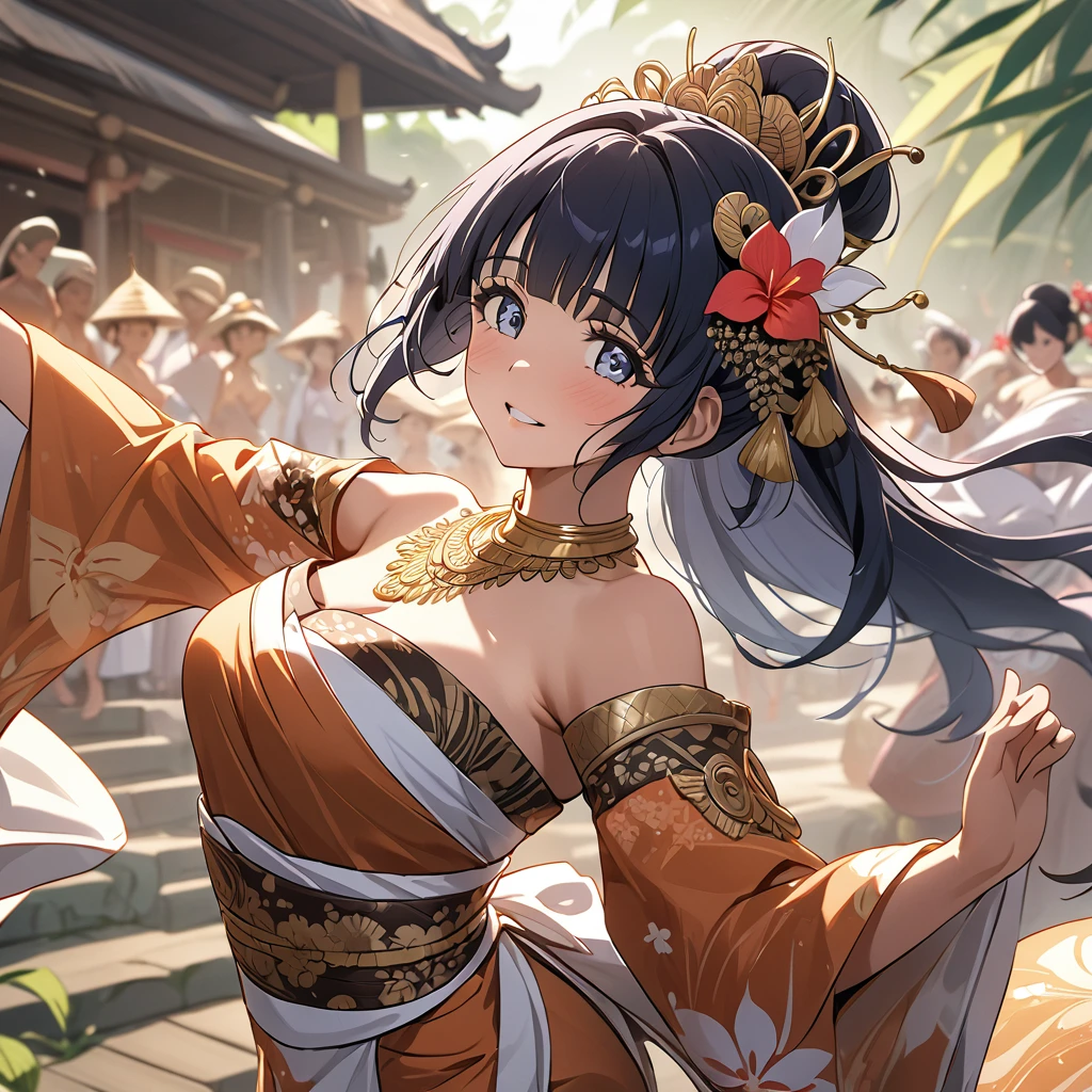 ((Highest quality)), ((masterpiece)), (detailed), (Perfect Face)、The woman is Reika Aoki with semi-long hair、A woman is dancing a Balinese dance in a Balinese costume in Bali, Indonesia