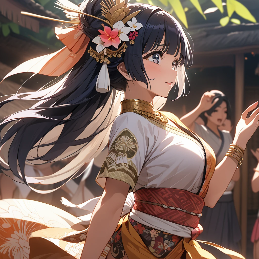 ((Highest quality)), ((masterpiece)), (detailed), (Perfect Face)、The woman is Reika Aoki with semi-long hair、A woman is dancing a Balinese dance in a Balinese costume in Bali, Indonesia