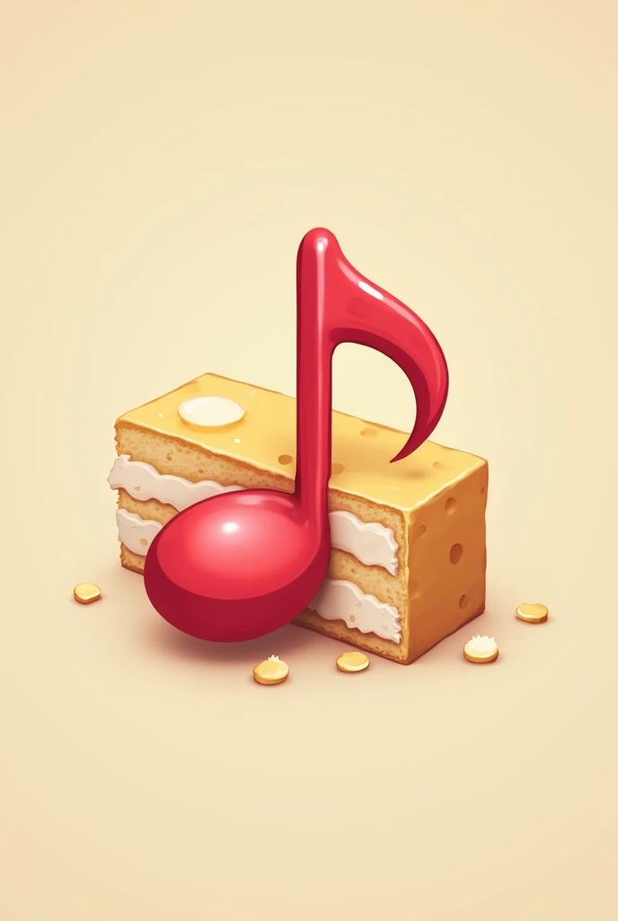 Un logo d'application, Une application au nom de pepite, en rapport avec la musique, on y voit une note de musique avec des traces de morsures comme corqué dans un gâteau et le nom
Gateau