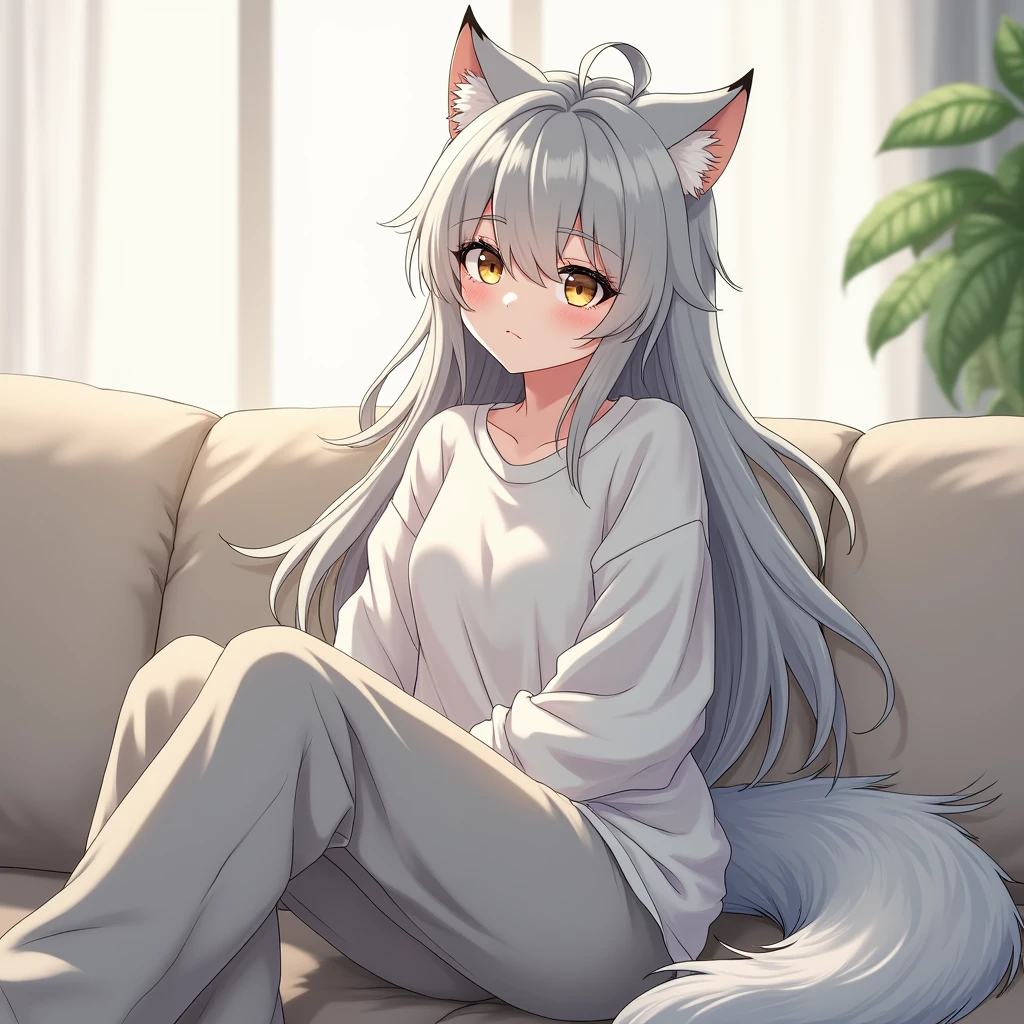 Anime, Demi-Human, Wolf, Long silver hair is a little messy, Gold eyes, white skin, wolf ears, Silver wolf tail, baggy shirt and pants, sit on the couch