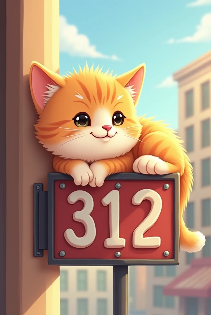 A super cute cat lying on a sign that says 312，Smiling mouth