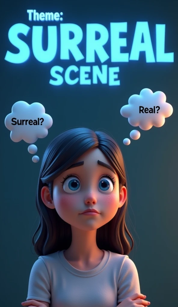 Super realistic, Cinema 4D rendering, The words "Theme:Surreal Scene" written in large blue letters at the top of the screen. The words "Too Hard Theme for me..." written at the bottom of the screen. A girl is tilting her head and shrugging her shoulders with a resigned expression. Two Speech bubbles of inner thoughts, The word "Surreal?" in Left speech bubble of inner thought. The word "Real?" in Right speech bubble of inner thought. 