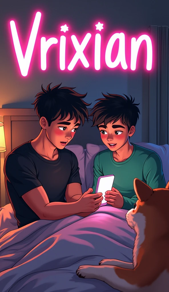 A stylized bouncy font above that says "VRIXIAN", two teenage guy in bed one wearing black shirt, hair is black,the black t shirt guy is body built, one is wearing green long sleeve, they both looking at the phone having live stream, besides them has Shiba Inu, dynamic bedroom in a morning, 