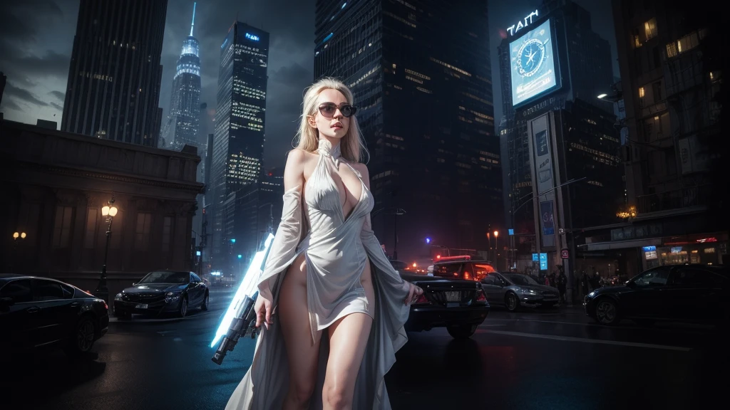 (Wide angle view). Matrix film inspired New York city, simple outlined neon tall buildings, glowing giant clock tower, year 1937 cars, lightning, 3D rendering Beeple. At night, (1girl, solo, alone), photorealistic, large-breast slim:0.6 body, oval:0.5 face, cleavage:1.1, very low angle view of sexy ethereal white dress, deep-v, ((upskirt)), glove, (Matrix style black micro sunglasses), ((aiming viewer with a short gun)), (half-body thigh level close-up shot), cinematic lighting, ray tracing.