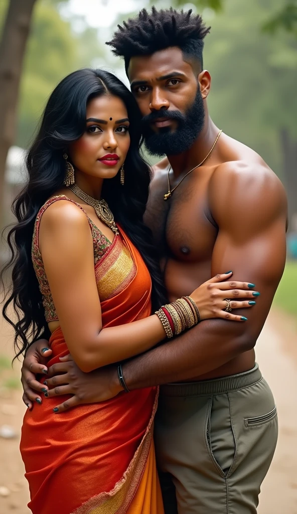 Newly wed couple, hot south indian slim milf with long black hair, big breast, big hip, big ass, thick thighs, woman wearing saree, indian couple, short brown man with afro haircut, big muscular body and beard, man wearing shorts, woman with man, high resolution, looking at camera, 