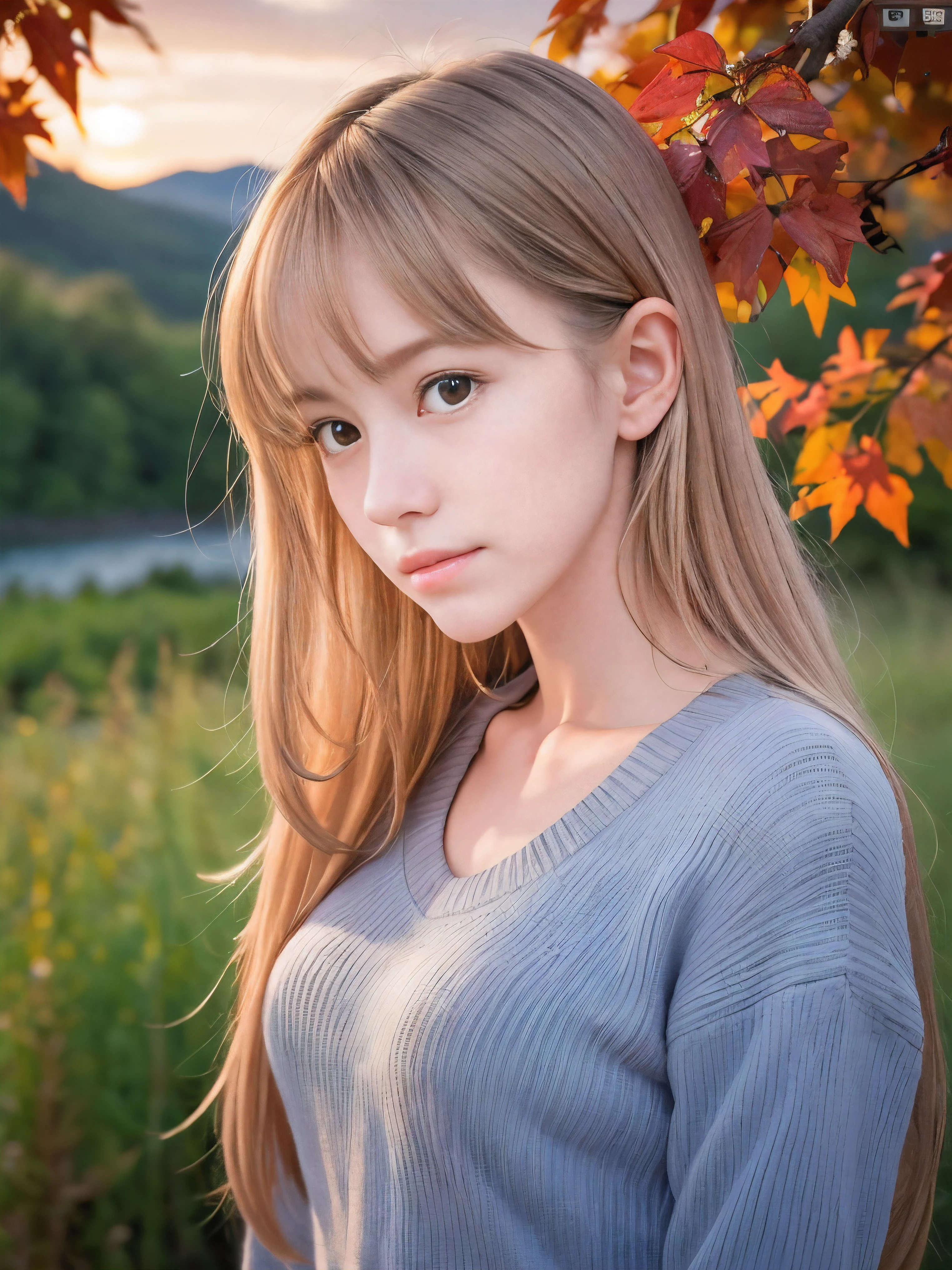 (Close up face shot of one slender small breasts half up blonde long hair with bangs girl in a long sleeves shirt and sweater and skirt:1.5)、(One blonde hair girl is dlooking back with sad face on the dart road near the lake and big waterfall in Japan at sunset time:1.5)、(Beautiful sunset time with autumn red leaves and mountain:1.5)、(Natural light:1.5)、(8k ultra detailed master piece:1.5)、(perfect anatomy:1.5)、(Photorealistic stick:1.5)、(Raw photo:1.3)、(highest quality:1.5)、(High resolution:1.3)、(Delicate and beautiful perfect face:1.3)、(Delicate and beautiful eye air skin:1.3)、(Real Human Skin:1.3)、((thin legs))