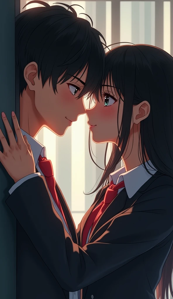 (32K:1.9, Realistic:1.9, Highest quality, masterpiece, Ultra-high resolution), Perfect dynamic composition, Highly detailed skin and facial textures:1.3, Detailed eyes, Detailed limbs, (Cute sexy slim Japanese schoolgirl, expensive、Slim Japanese high school student), Fair skin, ((Clarity:1.1)), (Both men and women wear a blazer-style uniform and a red tie.), (Boy faces girl:1.5, The boy presses his left hand against the wall:1.5), (smile:0.9, The girl completely charms the boy:0.9), (beautiful Blue Eyes, beautiful, Clear Eyes:0.8), The woman has long black hair, Sexy Face:0.4, blush:1.1, (beautifulエロティシズムを醸し出す雰囲気:0.8), Professional random camera work, Cinematic Lighting Effects, ((Full Body Shot)), ((Too erotic:0.9)) , romantic, mysterious, Object of admiration, original, dramatic, artistic, Innovative, charm, Heartful, Fancy, Tilt, sense of loss, special, exciting, Extreme, sense of openness, joy, joyの表現, ((若さのcharm, 女性的なcharm))