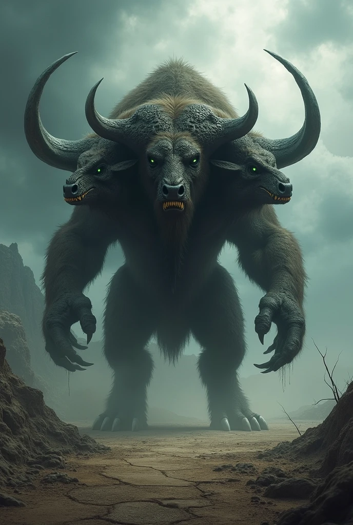 Create a image of  three headed humanoid monster buffalo 