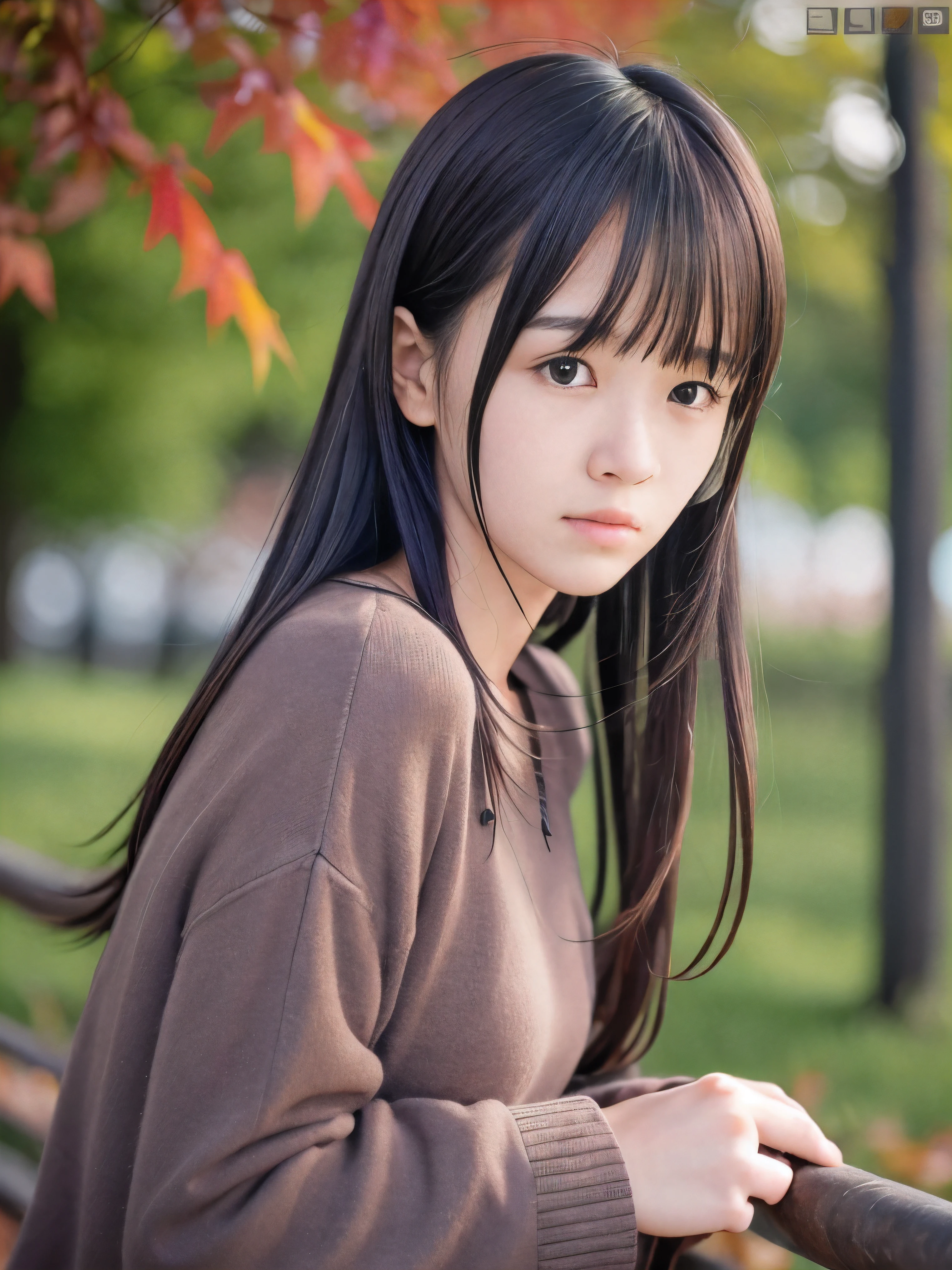 (Close up face shot of one slender small breasts dark silver long hair with swept bangs girl in a long sleeves shirt and sweater and skirt:1.5)、(One girl is looking back with sad face on the dart road near the lake and big waterfall in Japan at sunset time:1.5)、(Beautifulsunset time with autumn red leaves and mountain:1.5)、(Natural light:1.5)、(8k ultra detailed master piece:1.5)、(perfect anatomy:1.5)、(Photorealistic stick:1.5)、(Raw photo:1.3)、(highest quality:1.5)、(High resolution:1.3)、(Delicate and beautiful perfect face:1.3)、(Delicate and beautiful eye air skin:1.3)、(Real Human Skin:1.3)、((thin legs))