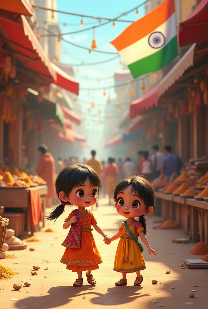 two cute boy and girl brother market place with Indian flag