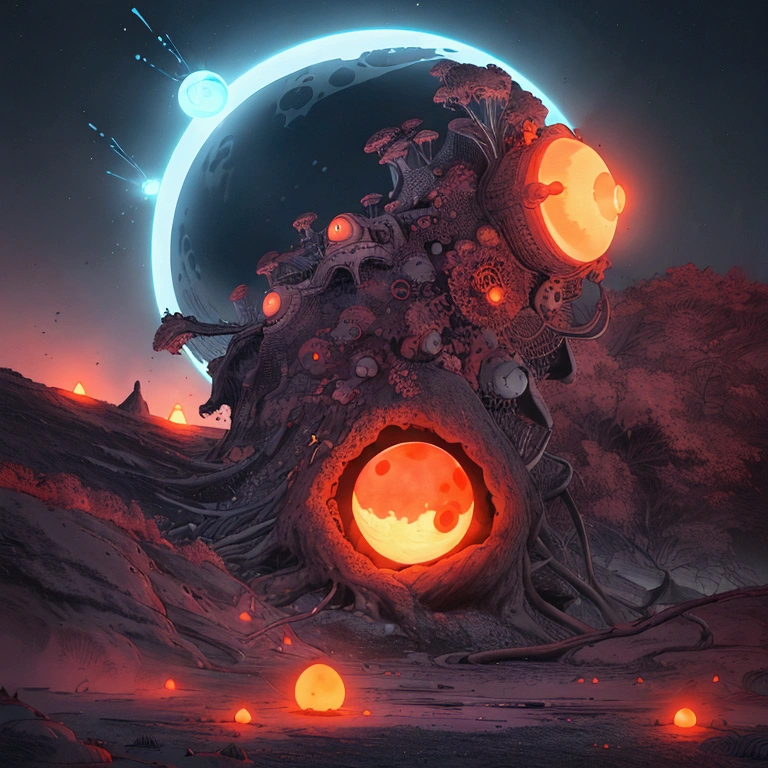 a surreal scene, huge flying eye ball, dragon, octopus, a giant fiery orb in the sky, scorching hot landscape, floating rock formations, mysterious glowing structures, alien technology, bright orange sky, dynamic lighting, vibrant colors, cinematic composition, highly detailed, photorealistic, 8k, hyperrealistic, dramatic shadows, volumetric lighting, intricate details, stunning visuals, mind-bending perspective, imaginative world, futuristic atmosphere, sense of wonder, digital art, close up,