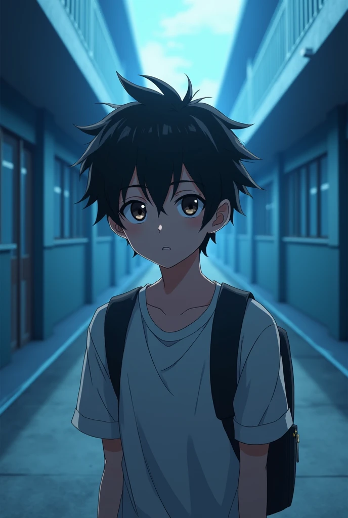 has short, messy black hair that tends to fall over his sharp, dark brown eyes, thoughtful look. His skin is fair, and he's of average height for rs old, with a lean build that suggests a mix of athleticism and the awkwardness of adolescence, anime style, school atmosphere,blue palette, full body look, long distant shot school environment, 