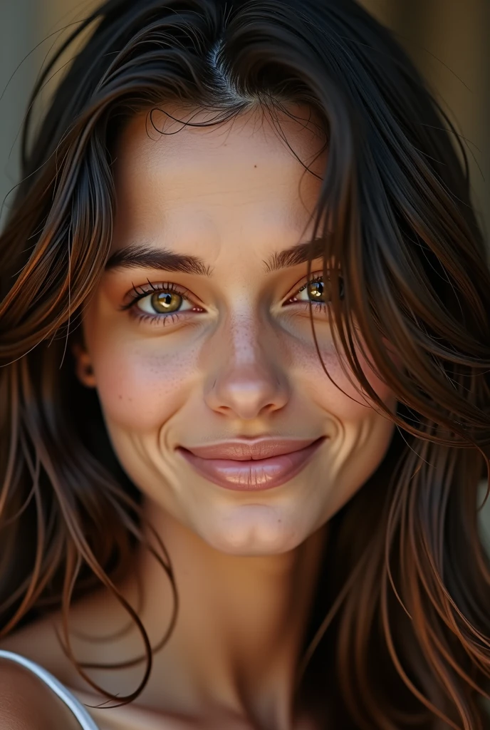 Jolie belle brune, seule dans la pièce très détaillée 24 ans, visage affectueux, cheveux longs, yeux marrons, haute résolution, meilleure qualité, Détails complexes très détaillés, netteté réaliste skin, texture yeux détaillée, professionnel, yeux professionnels, 4K. Sourire tourné avec Canon, 85 mm, faible profondeur de champ, couleur de vision kodac, fard à paupière, photo, ultra réaliste, photo réaliste, post traitement, détails maximum, rugosité, vrai vie, ultra réalisme, la photographie 8k