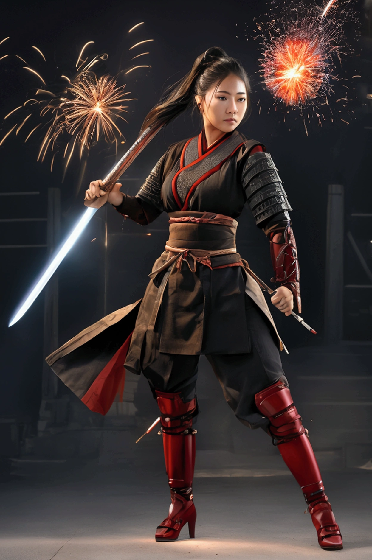 Ultra HD，1 Full body shot of a female warrior holding a Japanese samurai sword，wearing clothes, Sparks flew around