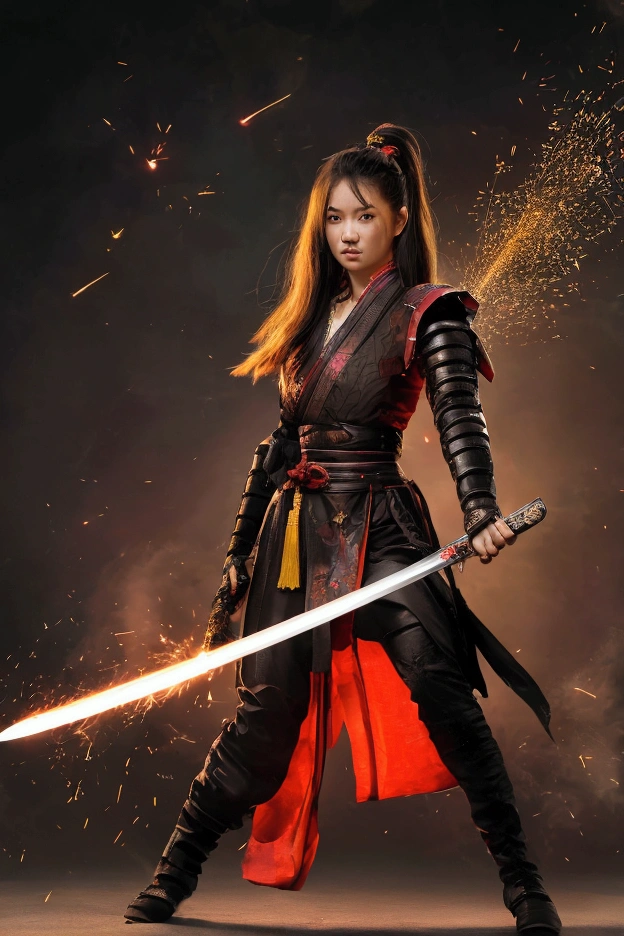Ultra HD,1 Full body shot of a female warrior holding a Japanese samurai sword,wearing clothes, Sparks flew around