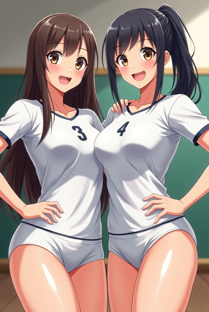 High quality photos,volleyball、2 Woman in white uniform、classroom、Tight fit、smile、Standing position、Bloomers、Body wet with sweat、smile,,Medium breasts,ANIME ART