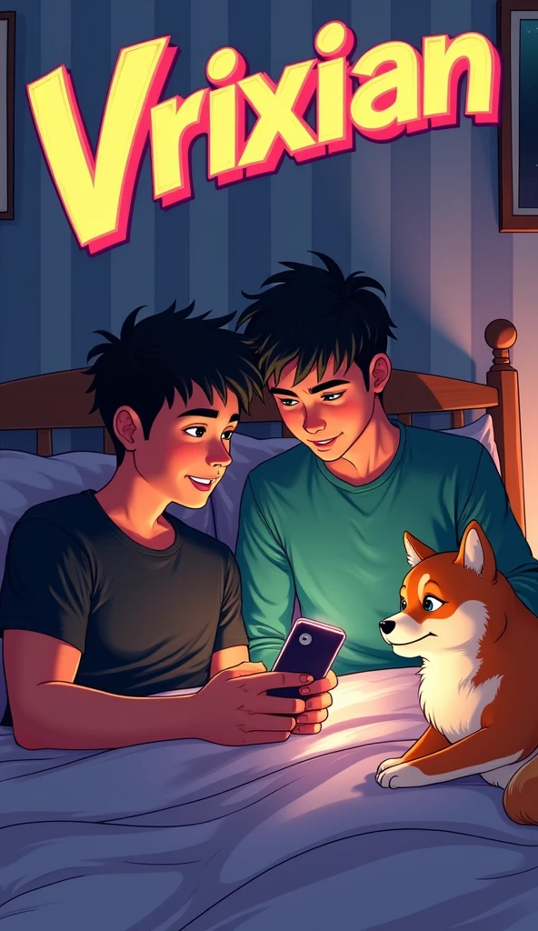 A stylized bouncy font above that says "VRIXIAN", two teenage guy in bed one wearing black shirt, hair is black,the black t shirt guy is body built, one is wearing green long sleeve, they both looking at the phone having live stream, besides them has Shiba Inu, dynamic bedroom in a morning, 
