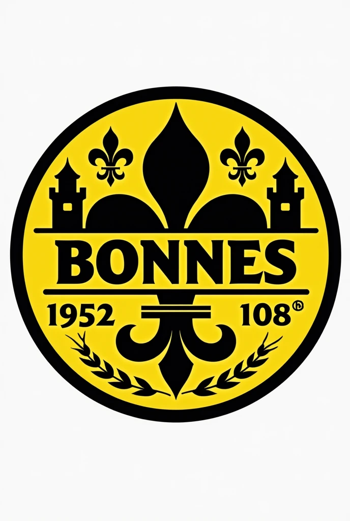 Créer un logo rond de club de football " Bonnes " en noir et jaune avec des fleurs de lys et château et 1938