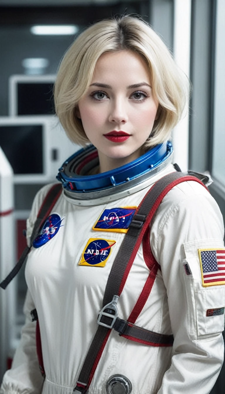 (((surrealist woman)))、((very beautiful 30 year old white woman))、(((Great cleavage)))、(((astronaut woman)))、(((Great cleavage)))、
short hair、mature blonde、chubby body type、Beautiful expression、beautiful brown eyes、stay in a huge space station、Red lips、(((Please wear a spacesuit)))、(((alone)))、