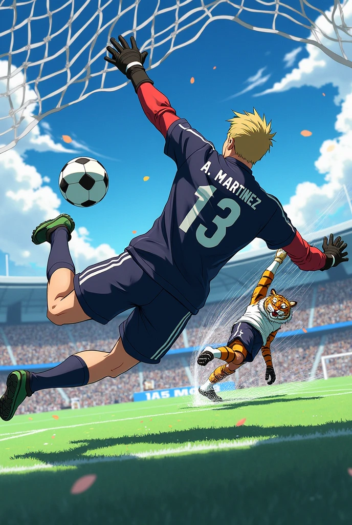 A soccer goalkeeper being the MVP with the number 13 on his back that says A. Martinez Very good, Now he is stopping a ball that is going towards the corner of the goal, being the same person with lighter hair and you can see that he is going towards the ball like in Super Champions. Stopping a shot from the Tiger in the Super Champions series, a little more Japanese., with the tiger shot of the super champions Let's see the goalkeeper's shot of that shot outside the area, with the effects of the breaking wind and the aggressiveness that goes through the ball