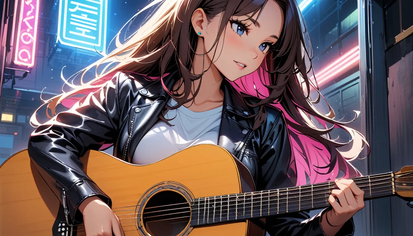 (Highest quality:1.2, Very detailed, up to date, Vibrant, Ultra-high resolution, High Contrast, masterpiece:1.2, Highest quality, Best aesthetics), Portraiture、girl、singer、performance、Rock Music、Bright colors、Beautiful attention to detail、Beautiful lip detail、Long Hair、Mike stand、music、Cheerful pose、leather jacket、Dynamic Movement、hypnotic sounds、amplifier、大音量のmusic、(((Acoustic guitar、A quiet room、night、Neon Light)))