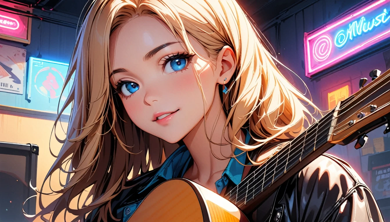 (Highest quality:1.2, Very detailed, up to date, Vibrant, Ultra-high resolution, High Contrast, masterpiece:1.2, Highest quality, Best aesthetics), Portraiture、girl、singer、performance、Rock Music、Bright colors、Beautiful attention to detail、Beautiful lip detail、Long Hair、Mike stand、music、Cheerful pose、leather jacket、Dynamic Movement、hypnotic sounds、amplifier、大音量のmusic、(((Acoustic guitar、A quiet room、night、Neon Light)))